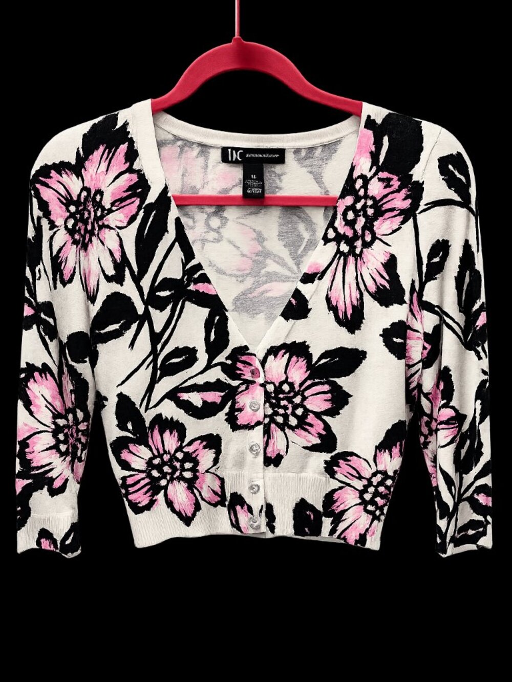 INC International Concepts Cream Cardigan with Pink & Black Floral Print